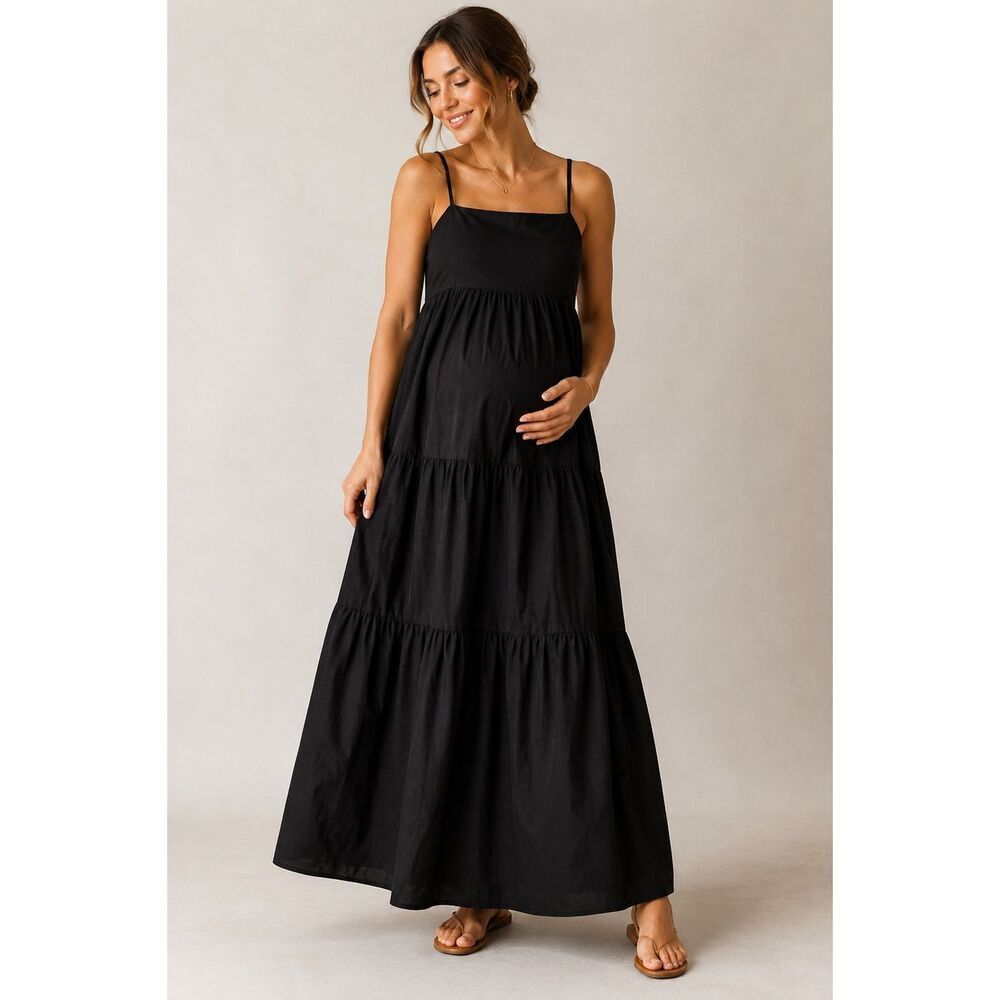 GAP Maternity Black Tiered Maxi Dress XS Smocked Back Cotton Sundress